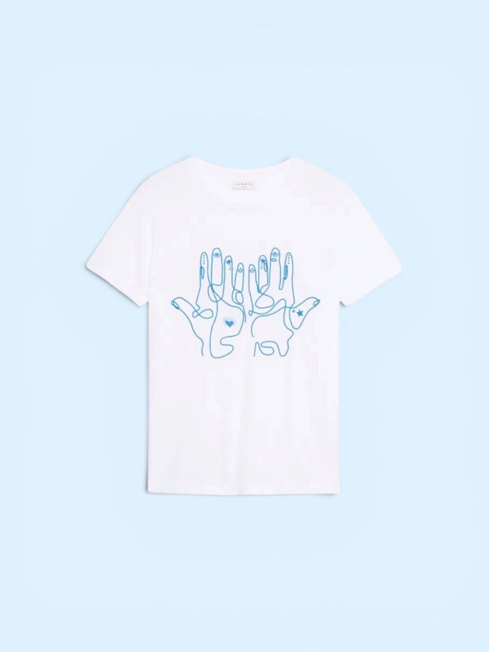 Sandro Paris White Cotton T-Shirt Evil Eye Hamzah Hand Embroidery - Sz 1 (US S) - Picture 3 of 8